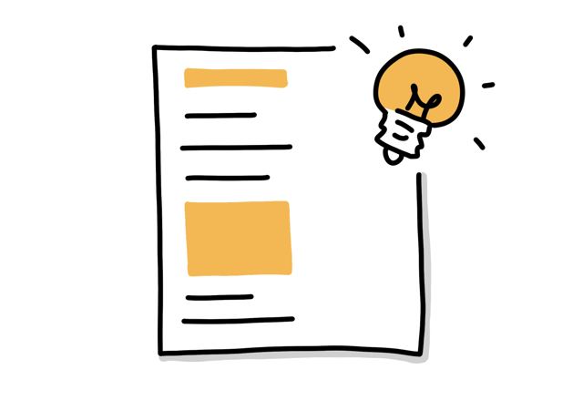 Ein beschriebenes Blatt, darüber eine Glühbirne – Symbol für neue Ideen