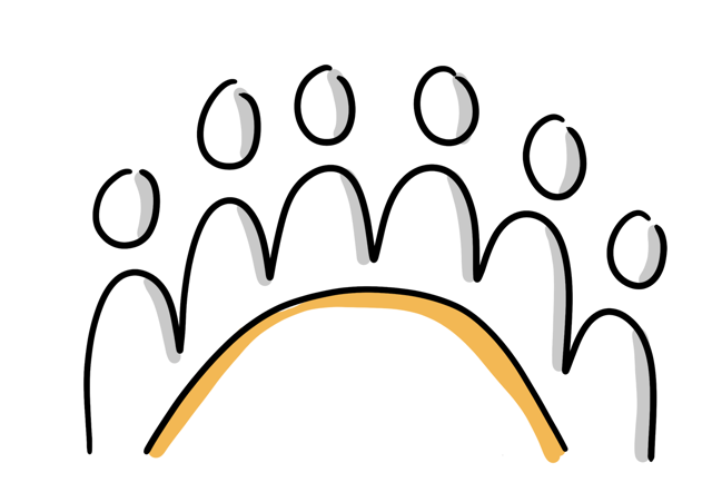 Sechs iguren stehen auf einem orangefarbenen Bogen, der wie eine Brücke gezeichnet ist – Symbol für Gemeinschaft oder Vernetzung