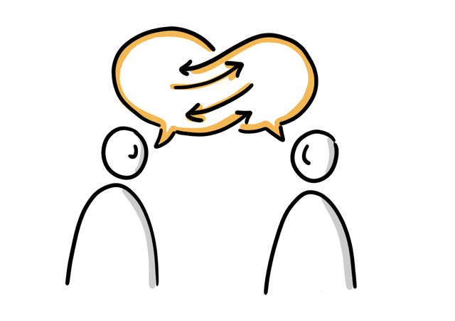 Zwei Figuren mit Sprechblasen – Symbol für Austausch und Vernetzung