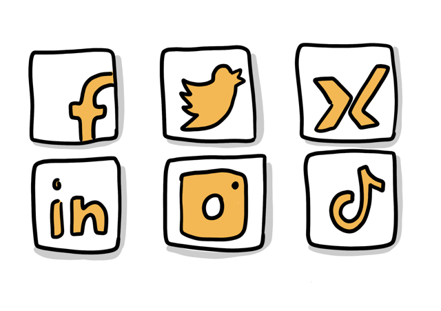 Sechs Symbole sozialer Netzwerke: Facebook, Twitter, XING, LinkedIn, Instagram, TikTok