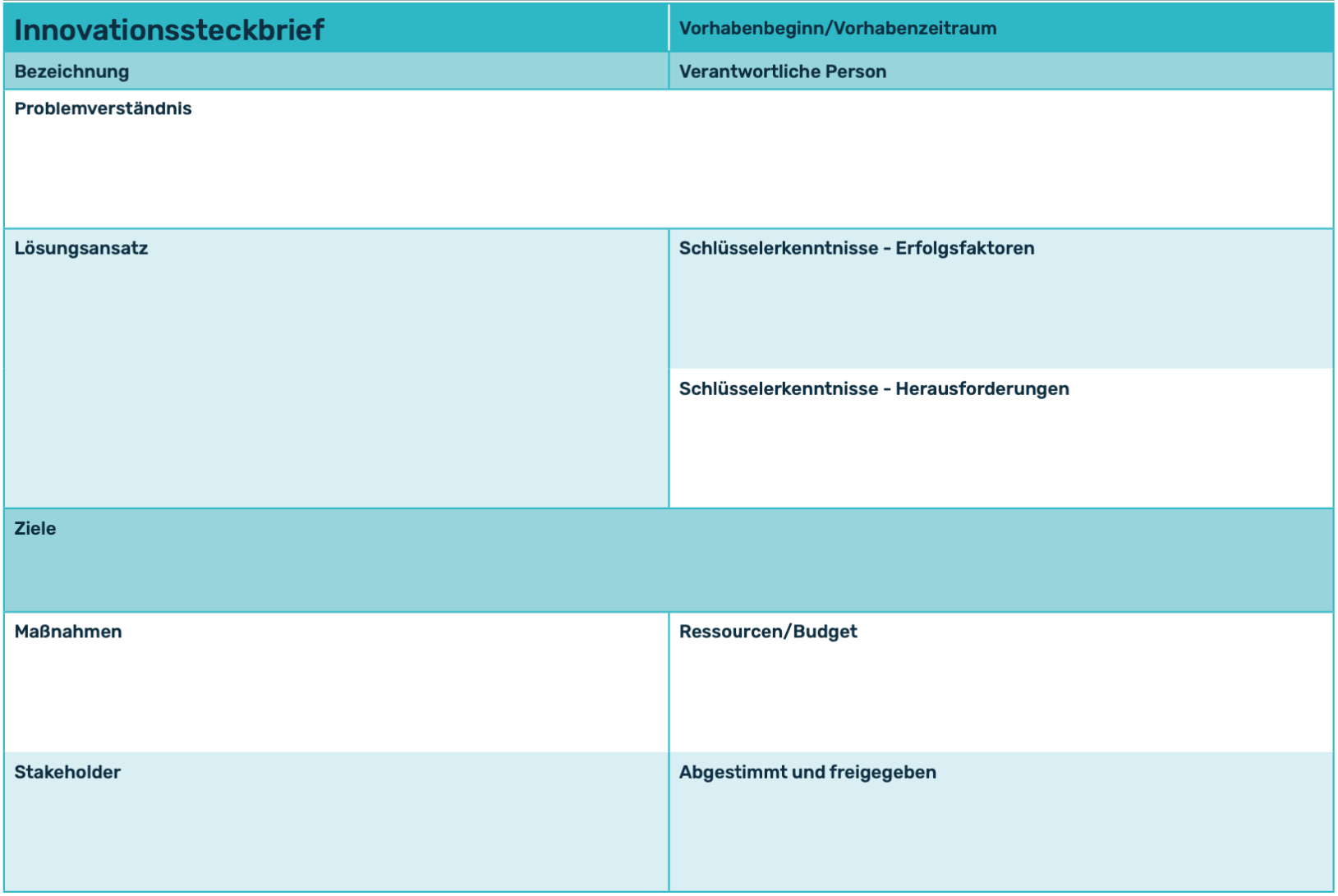 Grafische Darstellung des Innovationssteckbriefes mit ausfüllbaren Feldern zu: Bezeichnung des Innovationsvorhabens, Vorhabenbeginn und Vorhabenzeitraum, verantwortliche Person, Problemdefinition, Lösungsansatz, Schlüsselerkenntnisse zu Erfolgsfaktoren und zu Herausforderungen, Ziele, Maßnahmen, Ressourcen und Budget sowie Stakeholder. Letzlich ist ein Feld für die Freigabe (Unterschrift) definiert.